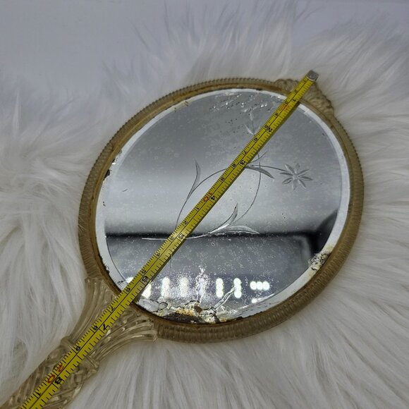 Vintage Handheld Mirror Ornate Lucite Gold Handle Floral Etched Glass FLAW - Picture 8 of 8